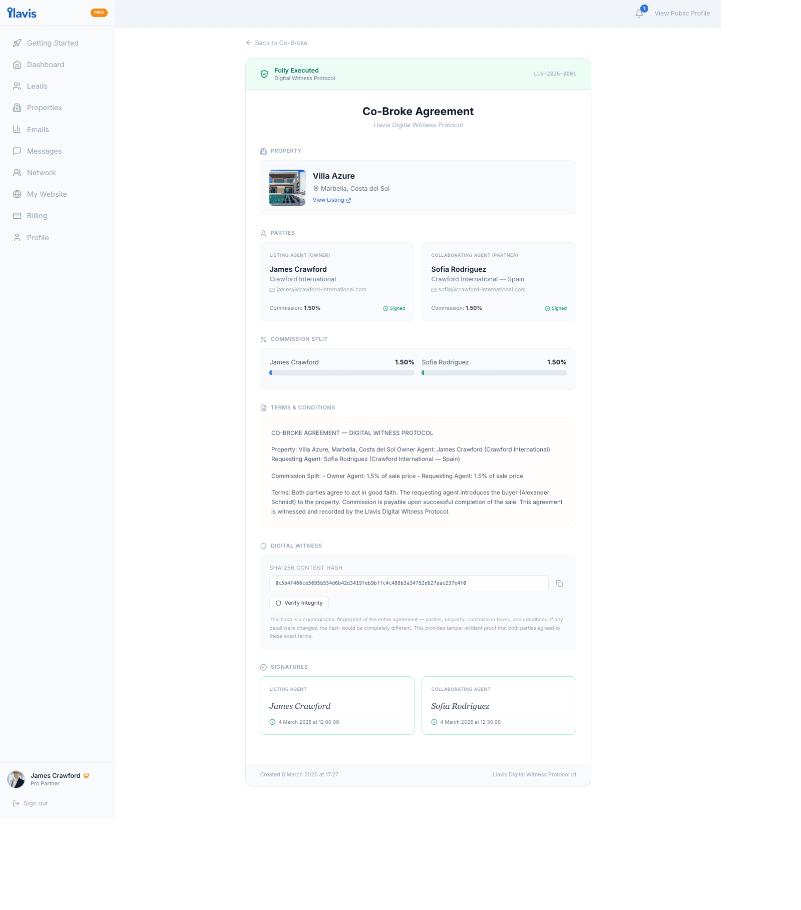 Co-Broke Agreement — Digital Witness Protocol with SHA-256 hash, dual signatures, and commission split