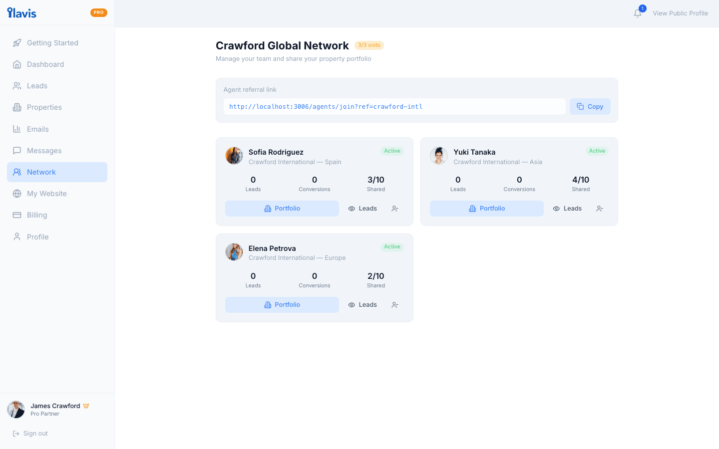Crawford Global Network — 3 agents across Spain, Asia, and Europe sharing portfolio and tracking leads