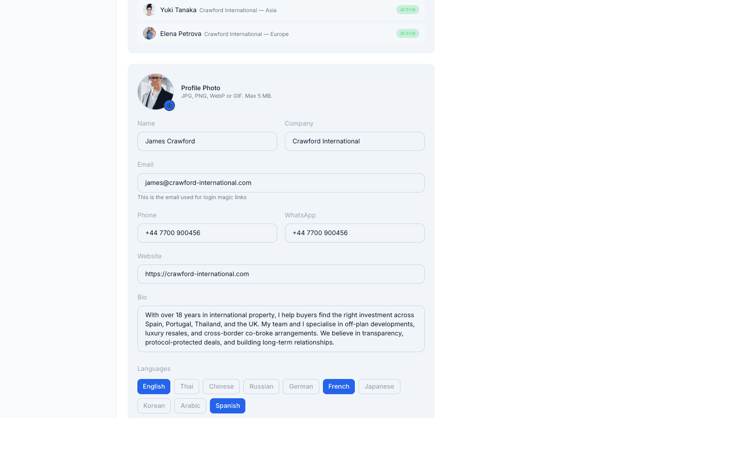 Agent profile with 10 language tags — English, Thai, Chinese, Russian, German, French, Japanese, Korean, Arabic, Spanish