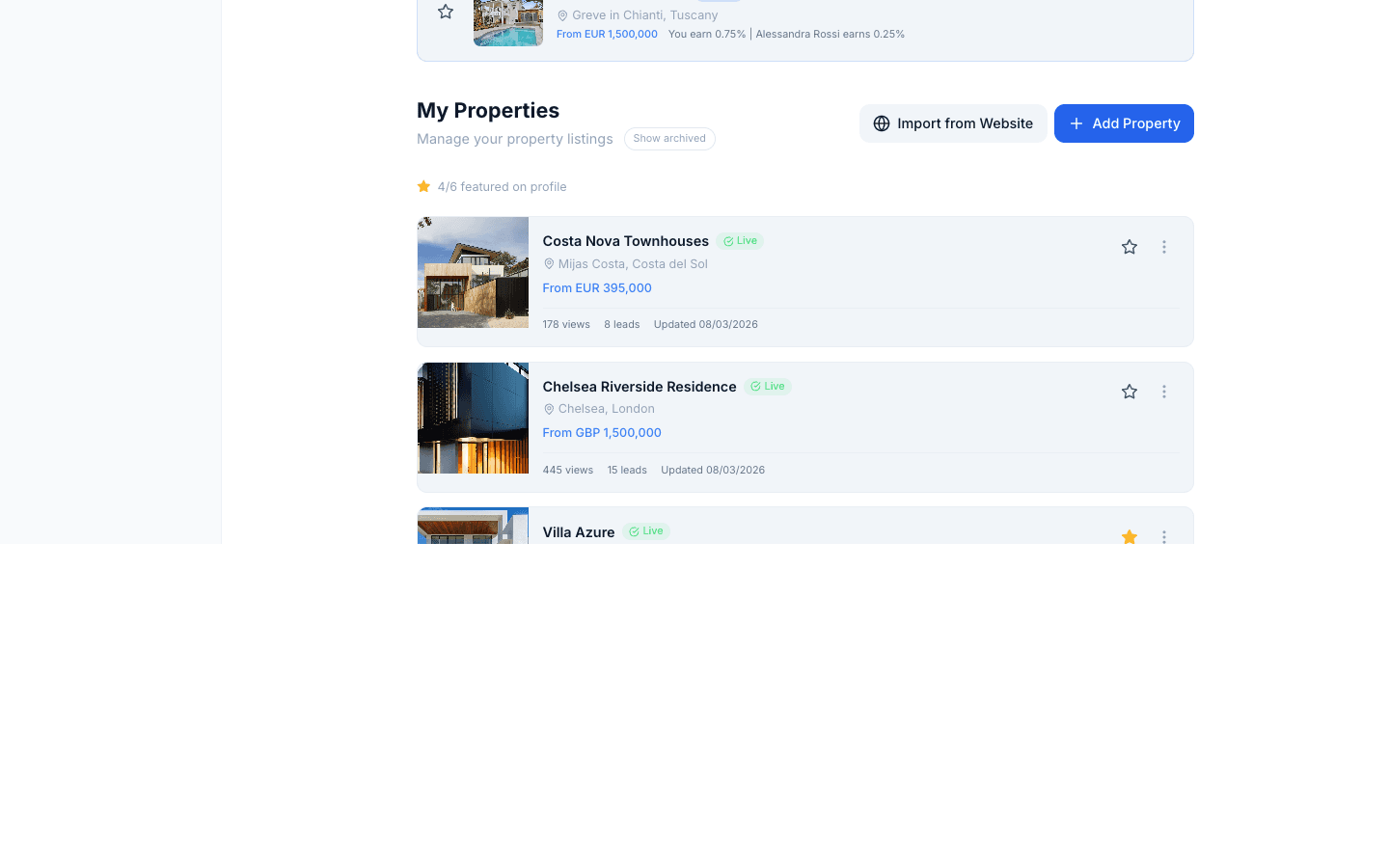My Properties — Import from Website and Add Property with live listings from Spain, London, and Algarve