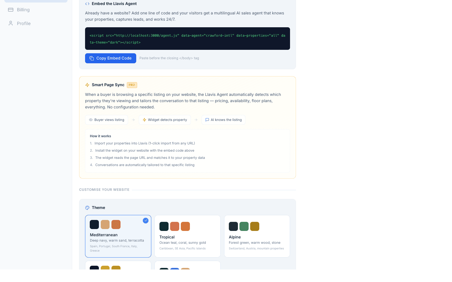 Smart Page Sync — widget auto-detects properties, with theme customization for Mediterranean, Tropical, and Alpine markets